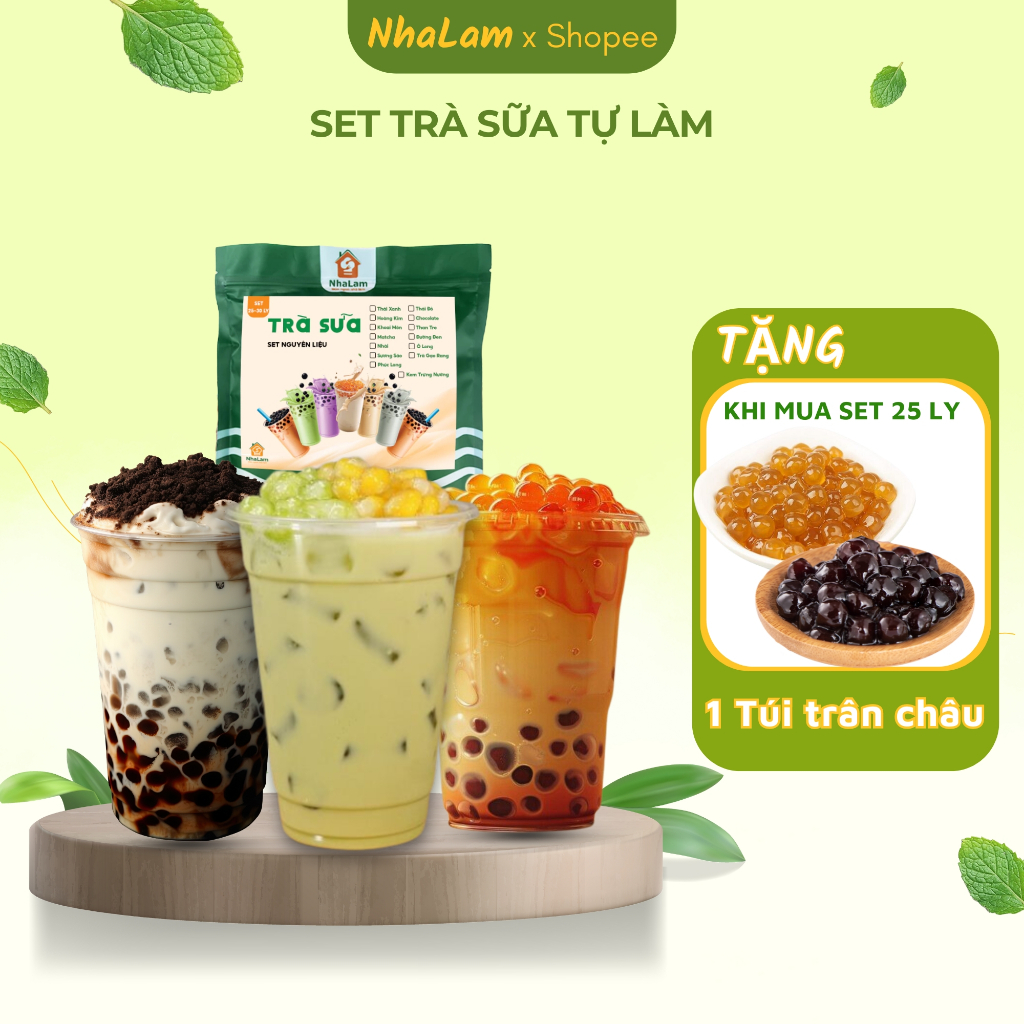 Set Nguyên Liệu Trà Sữa Trân Châu NHALAM FOOD 12-15 Ly Trà Thái Xanh, Đỏ, PLong