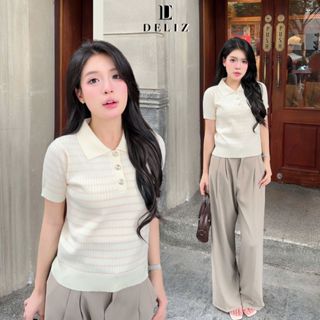 DELIZ - Áo len cộc tay mùa hè cho nữ phối cúc dáng polo cổ bẻ kẻ sọc ngang chất len lông thỏ PL34