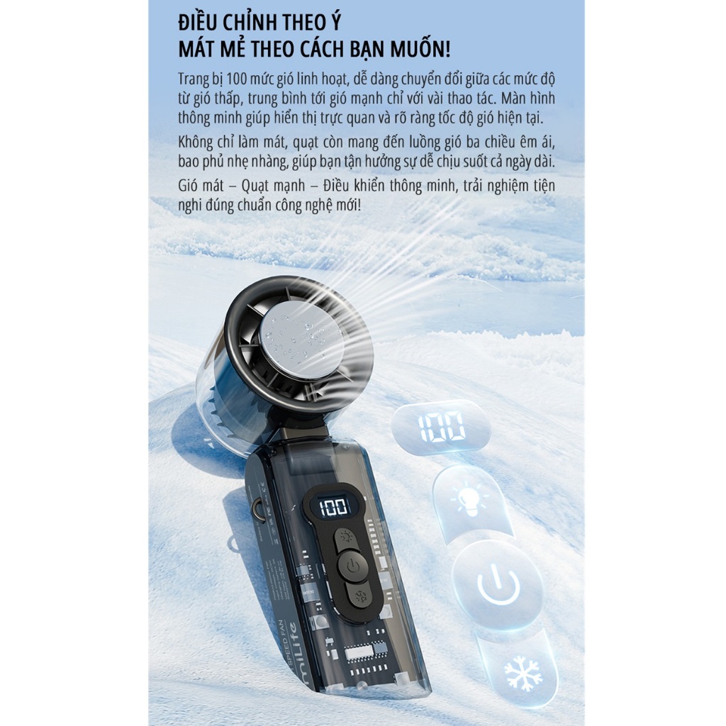 Quạt cầm tay băng lạnh100 cấp độ gió miLife F9P/ F11/ F16/ K75 | BigBuy360 - bigbuy360.vn