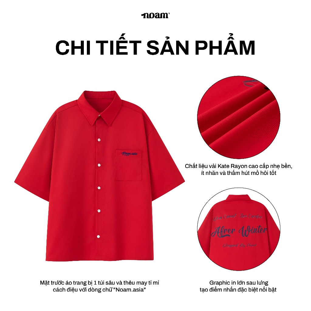 Áo sơ mi Ngắn tay unisex NOAM After Winter Form boxy Chất liệu vải Kate Rayon cao cấp - Đỏ/ Trắng