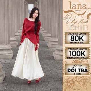  Set váy Garnet thiết kế cao cấp LA.NA DESIGN dài tay lụa vân buộc vạt chéo lạ mắt  - SV102 