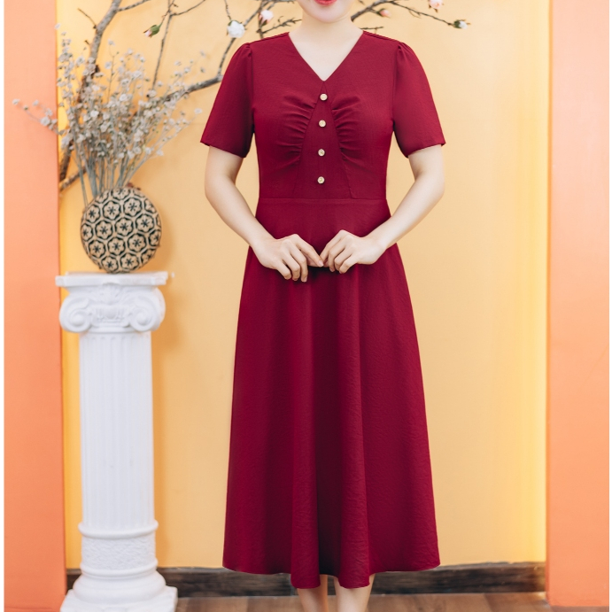 Đầm xòe trung niên cho mẹ - Cổ tim kết nút tay ngắn - Đỏ đô - TTV Store thời trang nữ TTV1899