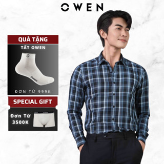Áo Sơ Mi Nam Dài Tay Owen AS240513D màu đen caro, dáng slim fit chất liệu bamboo mềm mát