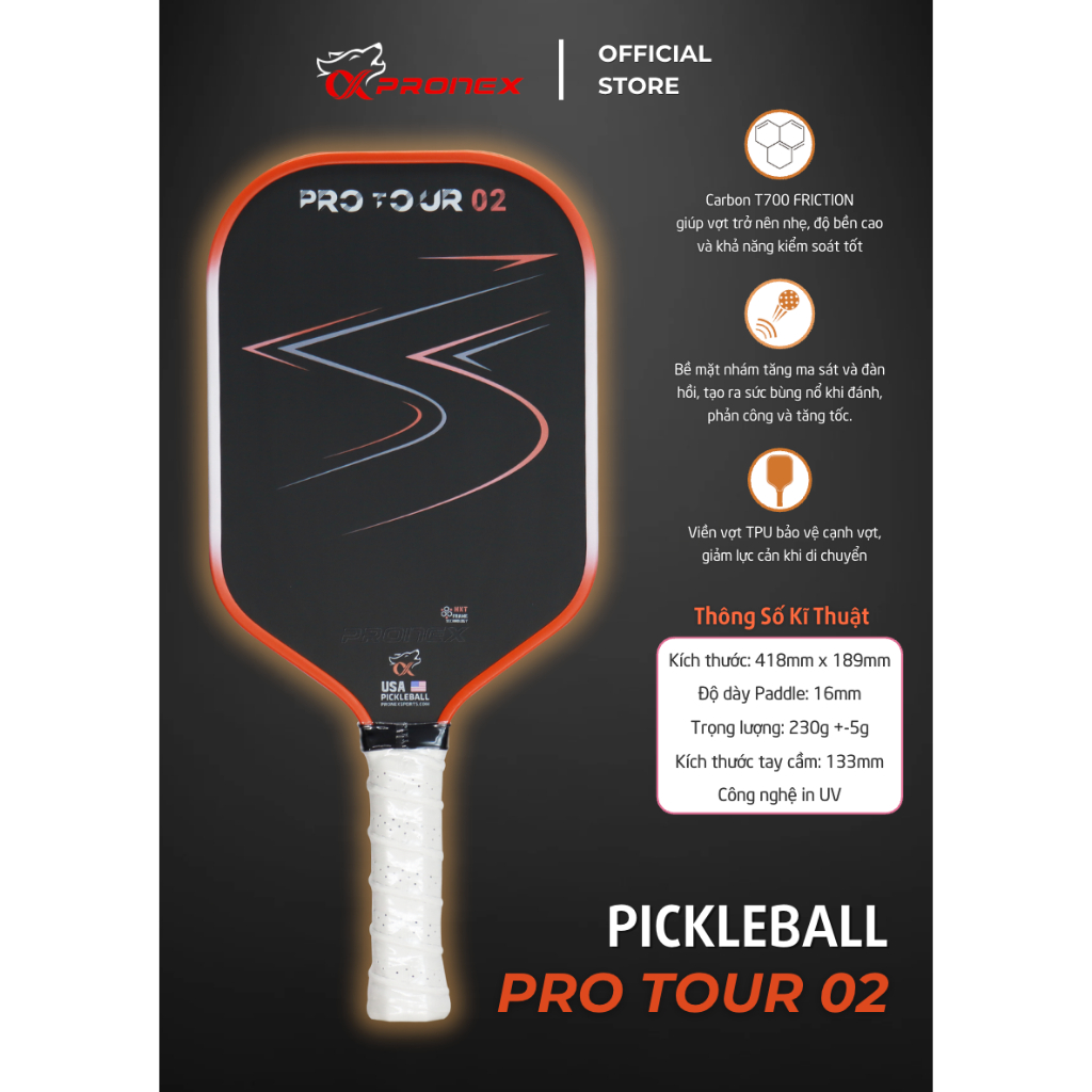[Pronex] Vợt Pickleball PRO TOUR 02 Carbon T700 16mm (Kèm Túi Đựng và Quấn Cát Vợt)