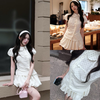  Nori Set - Set Áo Sơ Mi Kiểu Cộc Tay Cổ Sen Kèm Chân Váy Bí Phồng Tiểu Thư Họa Tiết Chấm Bi  kèm băng đô chấm bi  