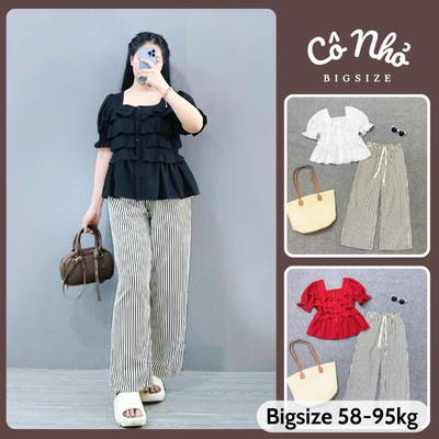 Set Đồ Bigsize Nữ Áo Babydoll Tay Phồng Kèm Quần Sọc Dễ Thương Cho Chubby (SM36-Q534)