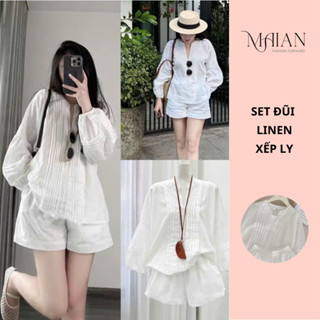 Set áo sơ mi cổ V phối viền dâp ly dài tay Maian Set đũi Linen kèm quần short sooc cạp chun màu trắng be trẻ trung S5540