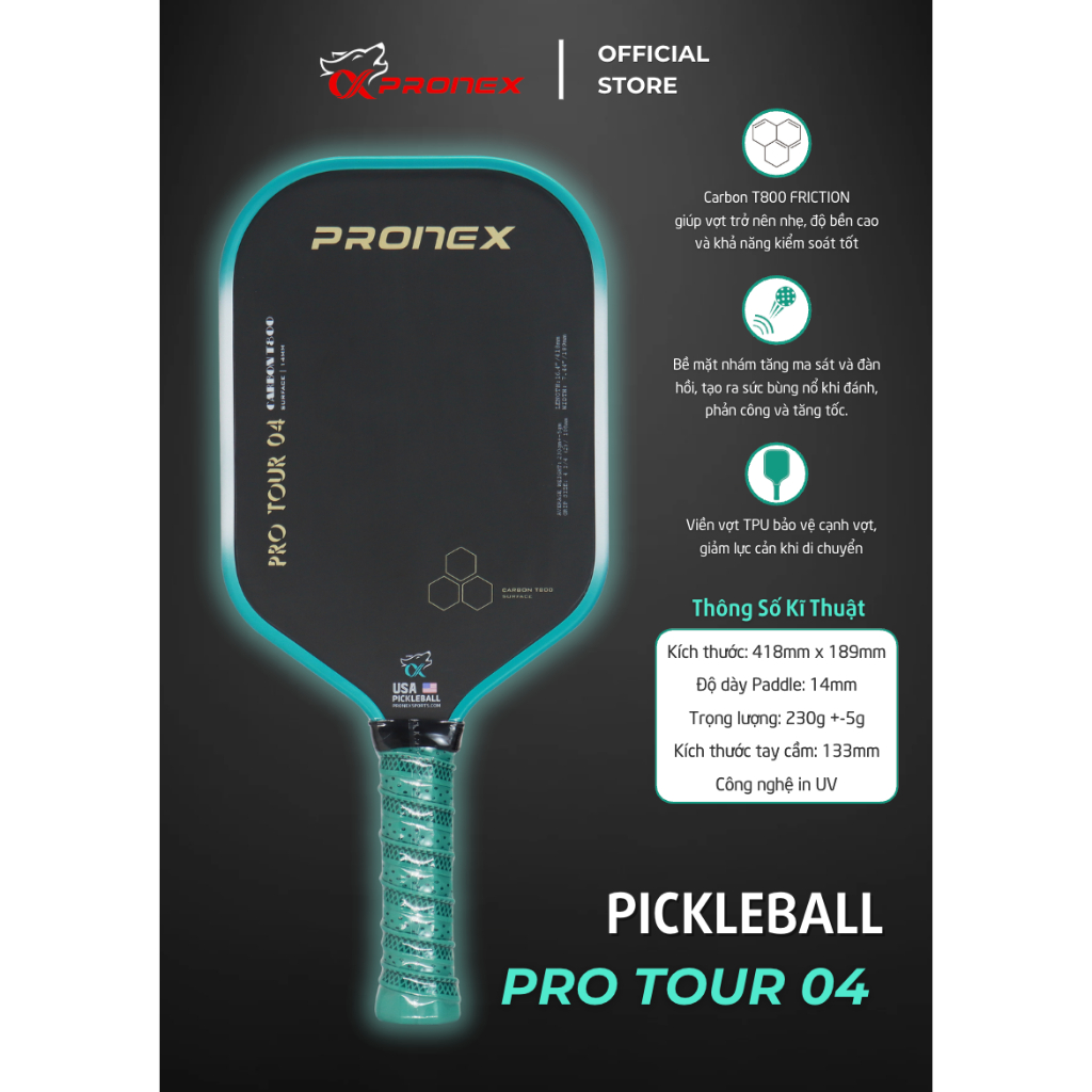 [Pronex] Vợt Pickleball PRO TOUR 04 Carbon T800 14mm (Kèm Túi Đựng và Quấn Cát Vợt)