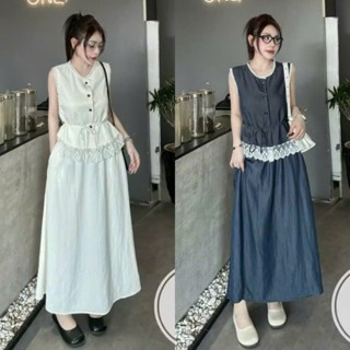 Set Kaki Bò Áo Sát Nách Viền Ren Điệu Phối Dây Eo Tôn Dáng Mix Chân Váy Dáng Dài Có Túi Hông Thanh Lịch (Kèm Ảnh Thật)