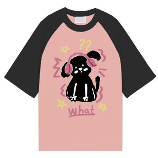Áo Thun cotton Tay Ngắn Cổ Tròn In Hình Chú Chó Màu Đen Hồng Phong Cách Hàn Quốc Dành Cho Nam Nữ