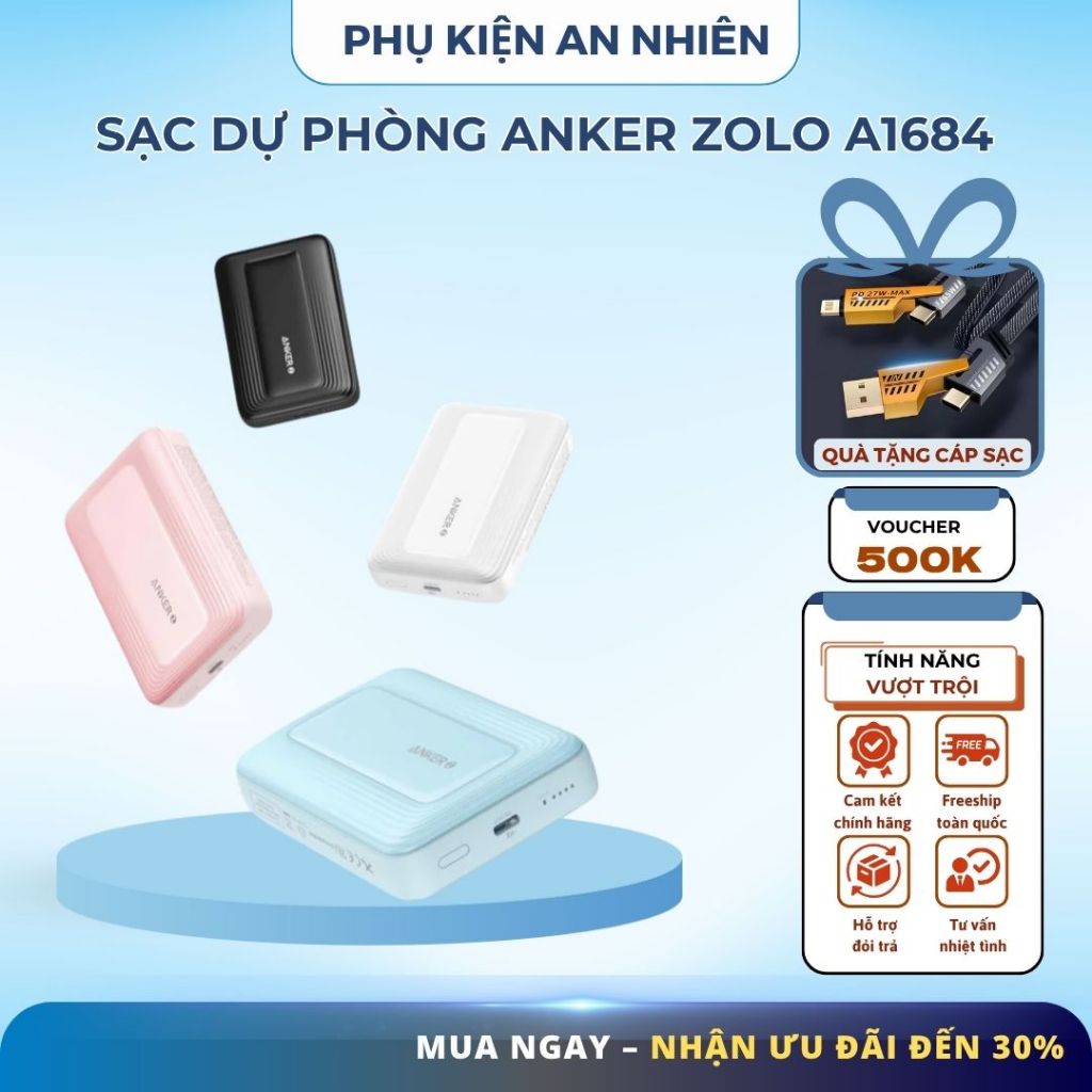 Sạc dự phòng Anker Zolo A1684 10000mAh 30W sạc không dây tối đa 15W Có Đủ Chứng chỉ CCC