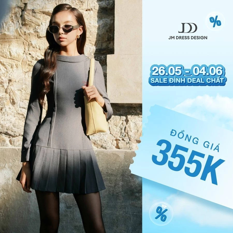 Pass Đầm JM nguyên tag, chân xếp ly cổ bẻ 1F02.2408K, váy đầm cổ vẻ chân váy xếp ly thiết kế bởi JM 