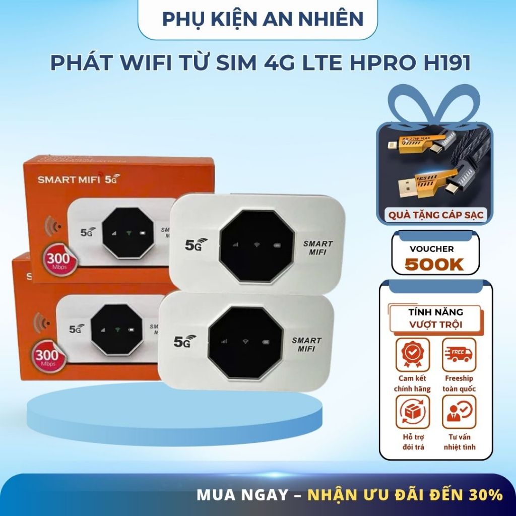 Phát wifi từ sim 4G LTE Hpro H191 sóng cực mạnh - Hỗ trợ vừa sạc vừa dùng