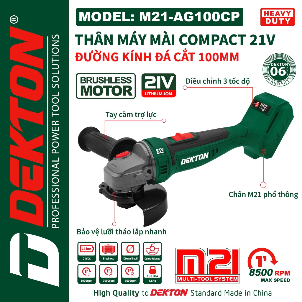 Máy Mài Pin Compact Dekton / M21-AG100CP / Cò Trượt / Motor Brushless / Chân PIN Makita