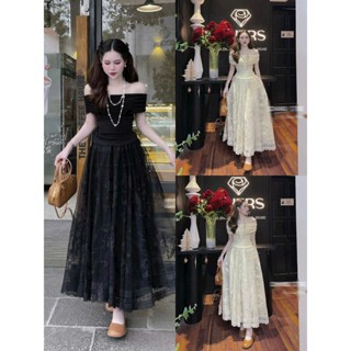 Set váy tiểu thư áo thun tăm ôm body trễ vai tay ngắn mix chân váy ren lưới xoè bay bổng thêu hoạ tiết sang xịn