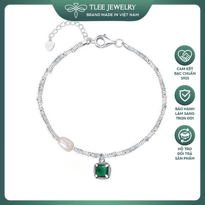 Lắc tay bạc nữ TLEE, Vòng tay hạt vụn bạc mix charm mặt đá vuông xanh sang trọng TLEE JEWELRY LT0310
