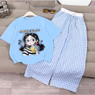 Sét bộ quần dài áo phông bé gái ( HỌA TIẾT BÉ GÁI MAKEXMX UỐNG NƯỚC ) mềm mịn size 9-45 kg M99