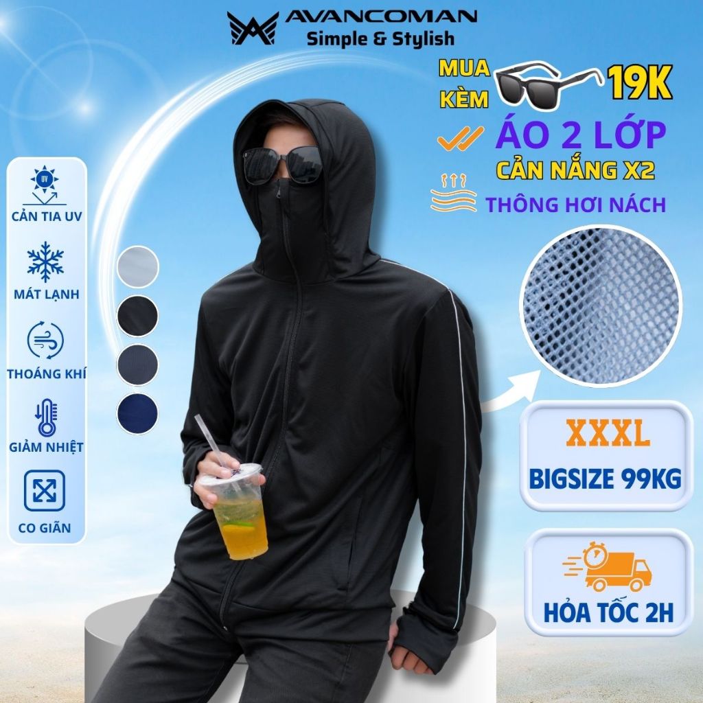 Áo chống nắng nam 2 lớp AVANCOMAN cao cấp có lưới tản nhiệt và phối viền tay mẫu mới mùa hè