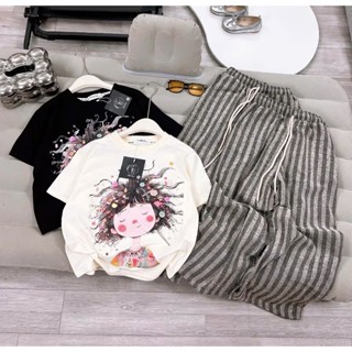 Sét bộ quần dài áo phông bé gái (QUẦN KẺ SỌC HỌA TIẾT CÔ GÁI MÁ HỒNG TÓC XÙ ) size 9-45kg M99