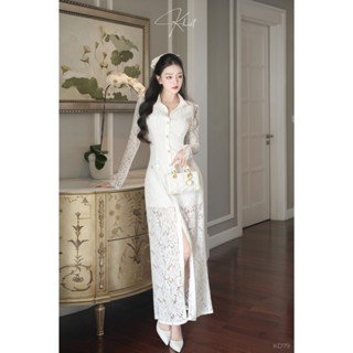 Đầm dáng suông dài KHIẾT ren mi trắng KD79 đính nút đá phong cách sang trọng