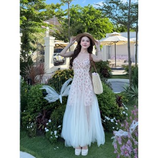 Đầm 2 dây hoa nhí kiểu pháp phối lưới dáng dài ảnh thật/ sẵn