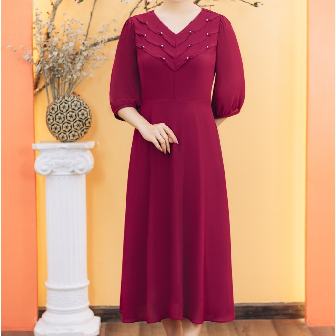 Đầm xòe trung niên cho mẹ - Cổ tim kết ngọc tay lỡ - Đỏ - TTV Store thời trang nữ TTV1881