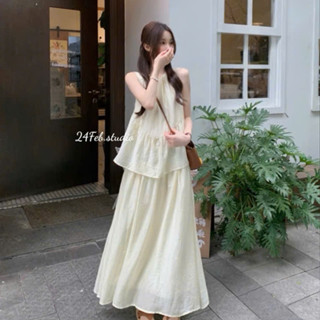 Set áo tơ babydoll kèm chân váy dài phong cách tiểu thư Hàn Quốc 24FebStudio SET74