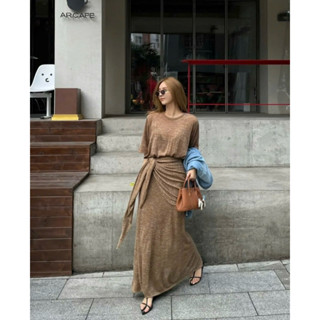 Set thun giấy gồm áo và chân váy dây nơ có lớp lót gam màu nâu S8