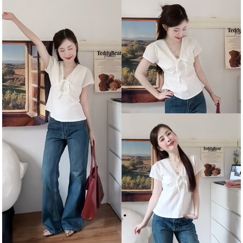 Áo sơ mi nữ kiểu tay ngắn cổ V phối viền ren Dilyshop chất linen mềm thoáng mát- A122