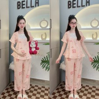 [ BỘ DÀI ] Bộ Bầu Mặc Nhà, Set Đồ Thu Đông Cổ Vuông Phối Ren Nơ Chất Liệu Xốp Thái, Quần Có Chun Điều Chỉnh Bụng