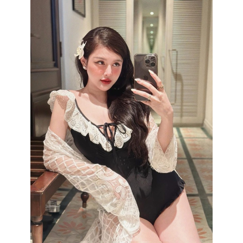 [Hoả Tốc Sẵn] Đồ Bơi,Bikini Nữ Liền Thân Một Mảnh Đen Cổ V Viền Ren Trắng Thiết Kế | BigBuy360 - bigbuy360.vn