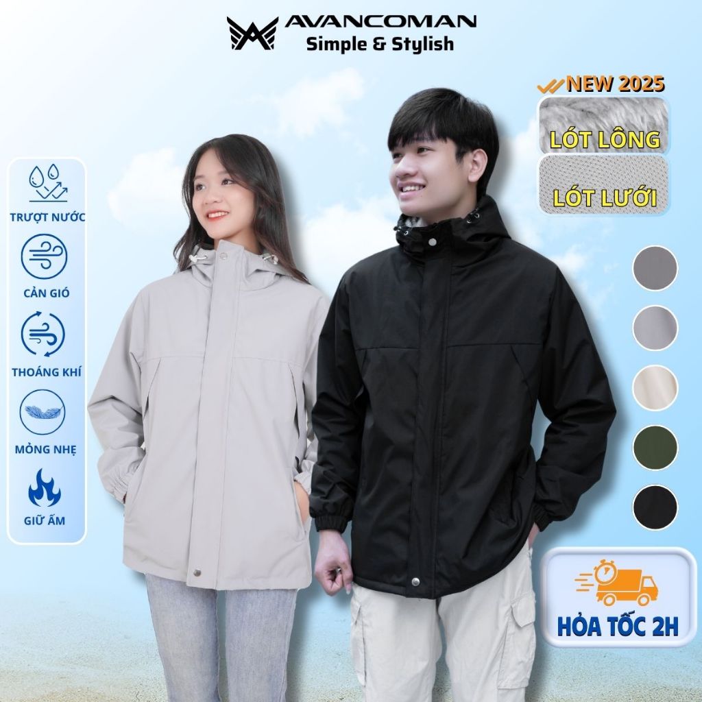 Áo khoác gió nam nữ 2 lớp AVANCOMAN cao cấp form rộng unisex mũ liền chống nước lót lưới và lót lông