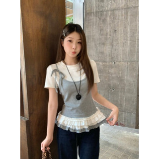  Áo Thun Nữ Mix Áo Dây Phối Bèo Nhún Dáng Tỷ Tỷ Douyin Hot Trend Mùa Hè Áo Thun Phối Hai Dây Form Ôm Chất Cotton Co Giãn 