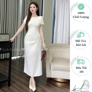 Đầm Dự Tiệc Lệch Vai Tay Bèo Thiết Kế Nhún Bụng Ôm Body Dáng Dài Chất Liệu Chéo Hàn Size 40-65Kg