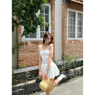 AISHAWU - Bowpop Dress Váy Cúp Ngực Nhún Eo Dáng Bí Hoạ Tiết Nơ Thêu Hoa