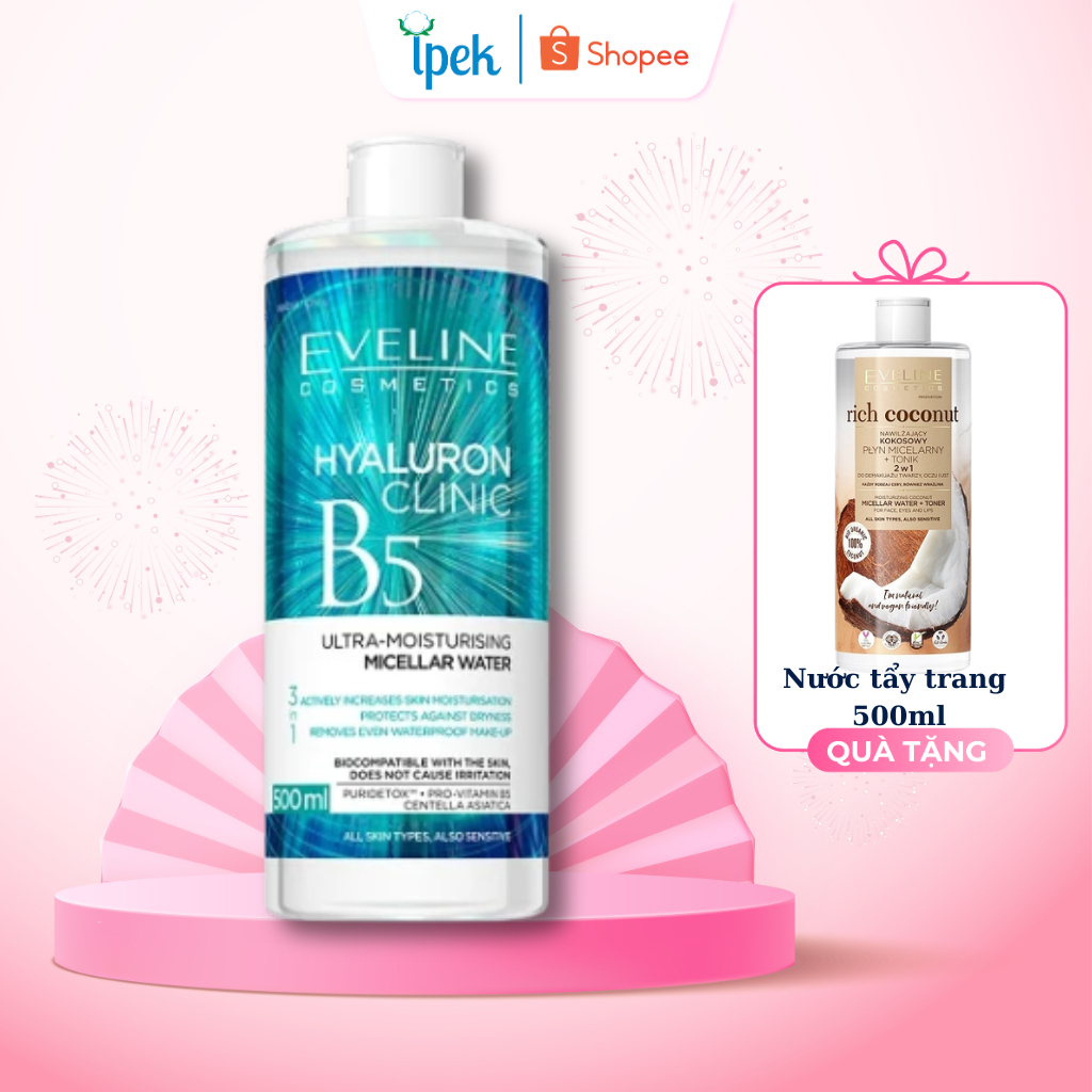 Nước tẩy trang Eveline Hyaluronic Clinic B5 dưỡng ẩm da 500ML