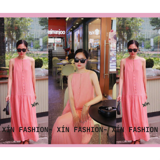 Váy đầm 2 dây Lụa cổ yếm dáng suông dài bèo 2 tầng- màu hồng và xanh ngọc -[XÍN - Fashion Design]
