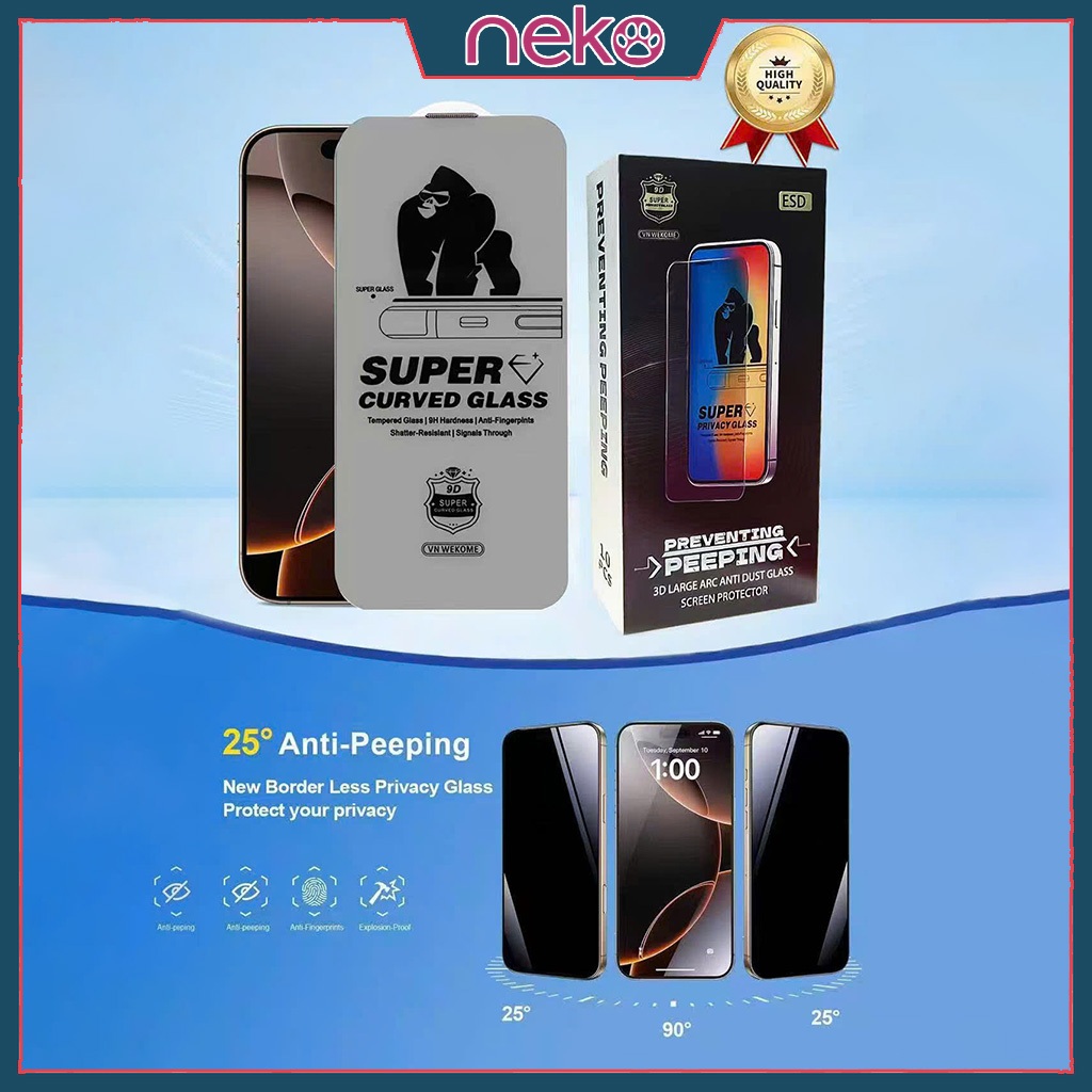 Kính Cường Lực Chống Nhìn Trộm cho Iphone Không Viền Đen Full Viền Cao Cấp 12 13 14 15 16 17 pro max plus [KK CNT VôCực]