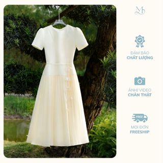 Váy Nữ Dáng Xòe YAME Ngắn Tay Vải Chéo Phối Tơ Cổ Tròn Kèm Dây Đai Hoa YV715