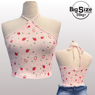 [ BIGSIZE TRÊN 55KG ] ÁO CROPTOP CỔ YẾM hoạ tiết trái dâu dễ thương thun tăm bigsize nữ