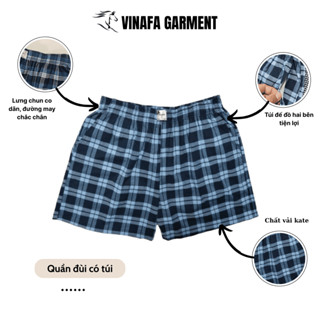 Quần đùi nam có túi mặc nhà VINAFA, quần đùi nam mặc nhà chất liệu Kate kẻ dệt mềm mại QD25