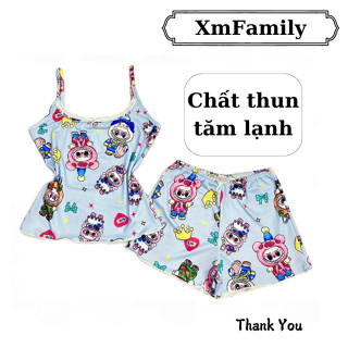 Set bộ ngủ LABUBU nữ áo 2 dây phối ren, nơ và quần bèo [XmFamily] chất thun tăm mịn mát, đồ bộ ngủ 2 dây