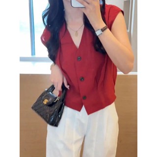 Áo sơ mi đũi tơ xước nhật không tay cổ chữ V mùa Hè thiết kế mới thời trang rộng rãi xếp ly một hàng khuy(45-100kg)-H35