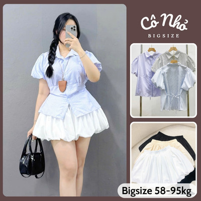 Set Áo Váy Bigsize Nữ Áo Sơ Mi Kiểu Tay Phồng Thắt Eo Phối Chân Váy Bí Dễ Thương (SM189+CV413)