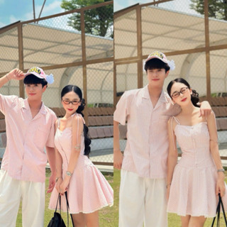 Áo váy cặp đôi - đồ đôi sơ mi nam váy nữ SỌC HỒNG 2 dây xinh - FOREVER COUPLE
