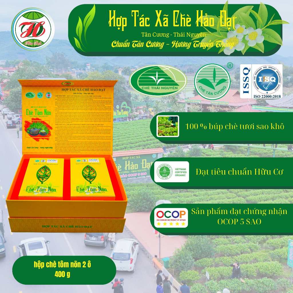 Hộp kim tuyến chè tôm nõn 2 ô chè tôm nõn / HTX Chè Hảo Đạt - Tân Cương - Thái Nguyên