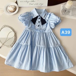   8-35kg - Váy xanh cổ sơ mi bèo thêu tay phồng dáng xoè xinh xắn cho bé gái  QiQi Kids A39  