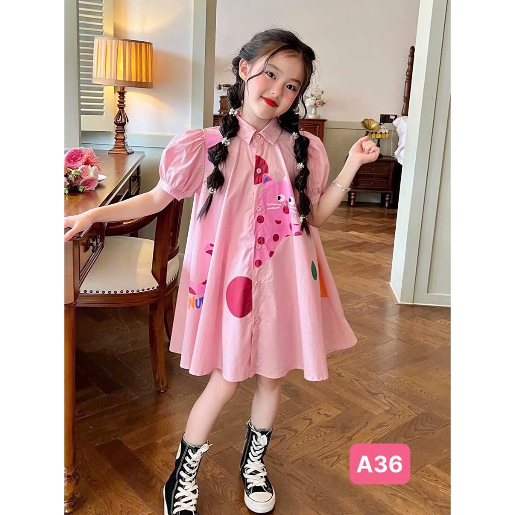 [8-35kg]- Váy hồng mèo cổ sơ mi nơ to sau lưng điệu đà cho bé gái [QiQi Kids A36]
