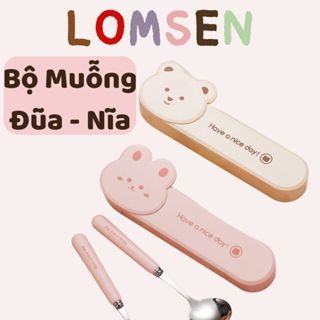 Bộ Muỗng Đũa Nĩa Inox 304 LOMSEN Cán Nhựa Hình Thỏ Gấu Cao Cấp - Có Hộp Đựng Tiện Lợi Mang Đi