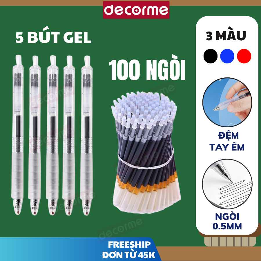 5 Bút Gel + 100 Ngòi Bút gel bấm basic mực đen xanh đỏ ngòi 0.5mm DecorMe viết cực trơn mượt mực khô